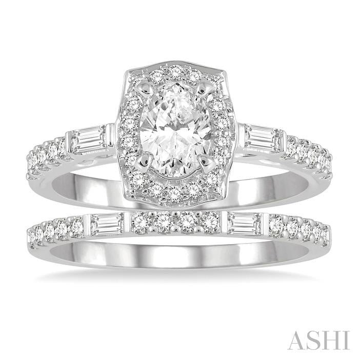 1 Ctw Baguette and Round Cut Diamond Wedding Set With 3/4 Ctw Cushion Shape Oval Cut Engagement Ring and 1/5 Ctw Wedding Band in 14K White Gold