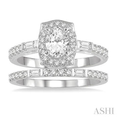 1 Ctw Baguette and Round Cut Diamond Wedding Set With 3/4 Ctw Cushion Shape Oval Cut Engagement Ring and 1/5 Ctw Wedding Band in 14K White Gold