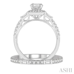 1 Ctw Baguette and Round Cut Diamond Wedding Set With 3/4 Ctw Cushion Shape Oval Cut Engagement Ring and 1/5 Ctw Wedding Band in 14K White Gold
