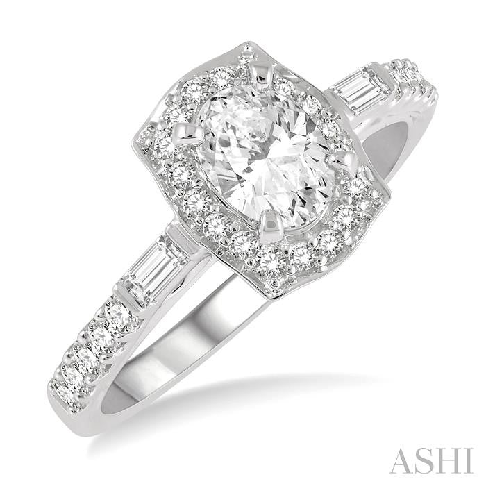 3/4 Ctw Oval, Baguette and Round Cut Diamond Ladies Engagement Ring with 3/8 Ct Oval Cut Center Stone in 14K White Gold