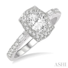 3/4 Ctw Oval, Baguette and Round Cut Diamond Ladies Engagement Ring with 3/8 Ct Oval Cut Center Stone in 14K White Gold