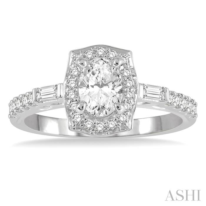 3/4 Ctw Oval, Baguette and Round Cut Diamond Ladies Engagement Ring with 3/8 Ct Oval Cut Center Stone in 14K White Gold