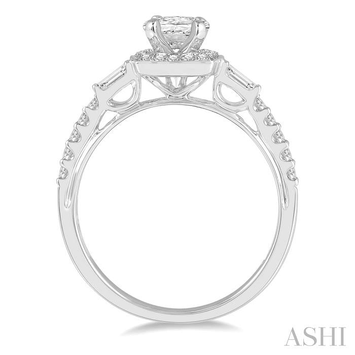3/4 Ctw Oval, Baguette and Round Cut Diamond Ladies Engagement Ring with 3/8 Ct Oval Cut Center Stone in 14K White Gold