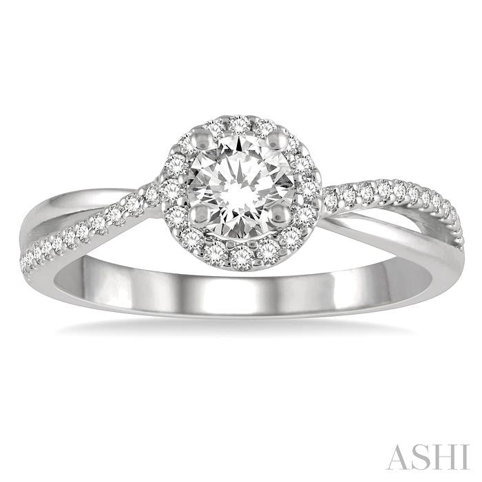 1/2 Ctw Criss Cross Shank Round Cut Diamond Ladies Engagement Ring with 1/4 Ct Round Cut Center Stone in 14K White Gold