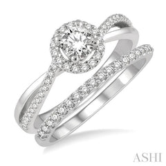 5/8 Ctw Round Cut Diamond Wedding Set With 1/2 Ctw Criss Cross Shank Engagement Ring and 1/6 Ctw Wedding Band in 14K White Gold