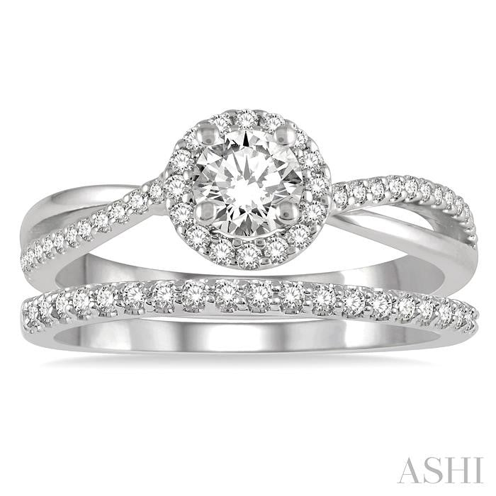 5/8 Ctw Round Cut Diamond Wedding Set With 1/2 Ctw Criss Cross Shank Engagement Ring and 1/6 Ctw Wedding Band in 14K White Gold