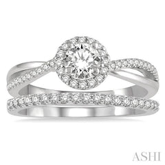 5/8 Ctw Round Cut Diamond Wedding Set With 1/2 Ctw Criss Cross Shank Engagement Ring and 1/6 Ctw Wedding Band in 14K White Gold