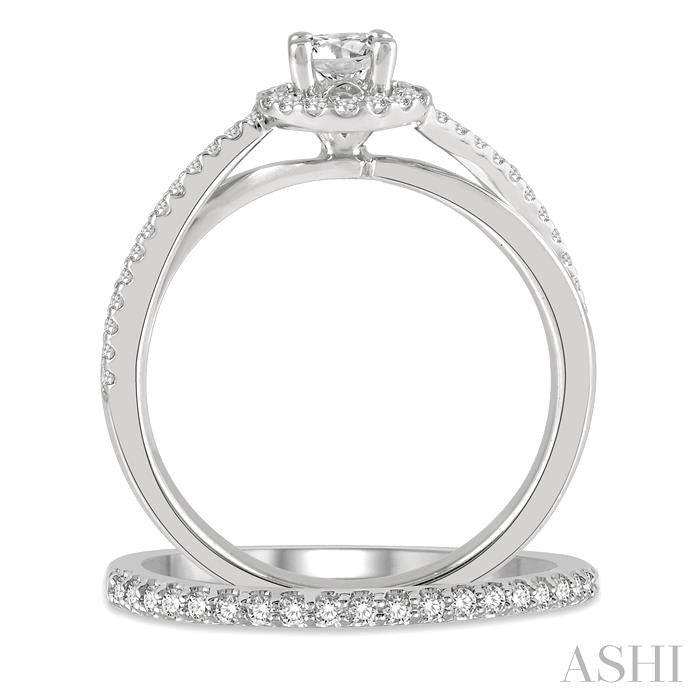 5/8 Ctw Round Cut Diamond Wedding Set With 1/2 Ctw Criss Cross Shank Engagement Ring and 1/6 Ctw Wedding Band in 14K White Gold