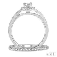 5/8 Ctw Round Cut Diamond Wedding Set With 1/2 Ctw Criss Cross Shank Engagement Ring and 1/6 Ctw Wedding Band in 14K White Gold