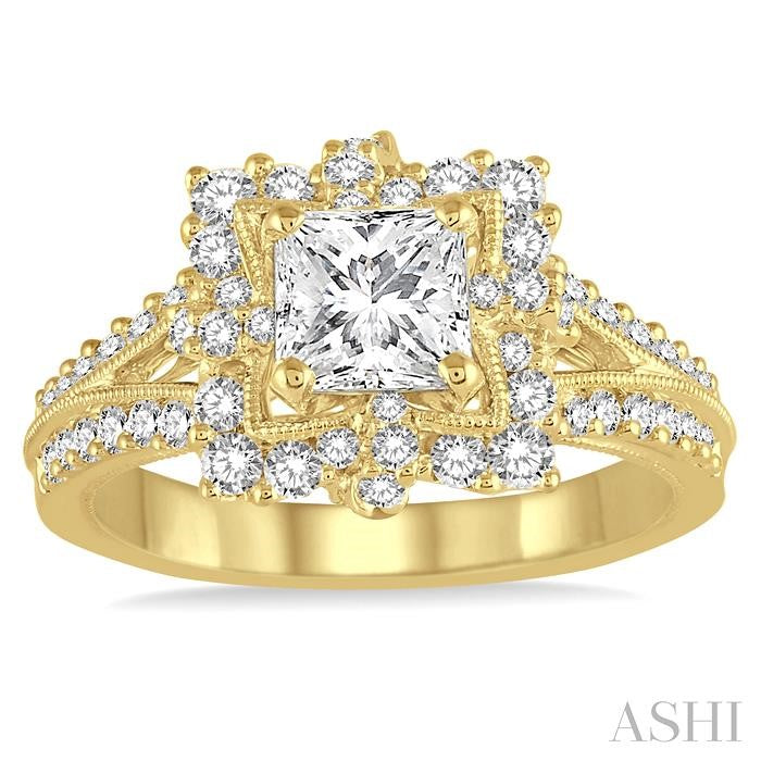 1 1/2 Ctw Diamond Engagement Ring with 3/4 Ct Princess Cut Center Stone in 14K Yellow Gold