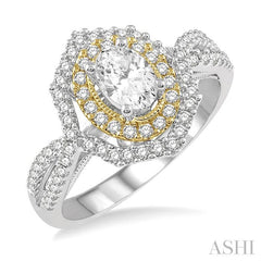 1 1/10 Ctw Split Shank Oval Round Cut Diamond Engagement Ring with 5/8 Ct Oval Shape Center Stone in 14K White and Yellow Gold