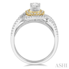 1 1/10 Ctw Split Shank Oval Round Cut Diamond Engagement Ring with 5/8 Ct Oval Shape Center Stone in 14K White and Yellow Gold