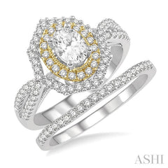1 1/4 Ctw Round Cut Diamond Wedding Set With 1 1/10 Ctw Split Oval Cut Engagement Ring and 1/8 Ctw Wedding Band in 14K White and Yellow Gold