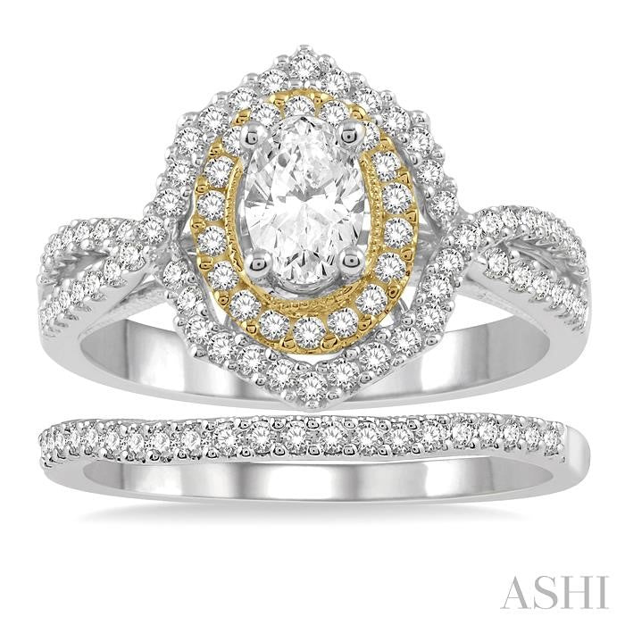 1 1/4 Ctw Round Cut Diamond Wedding Set With 1 1/10 Ctw Split Oval Cut Engagement Ring and 1/8 Ctw Wedding Band in 14K White and Yellow Gold