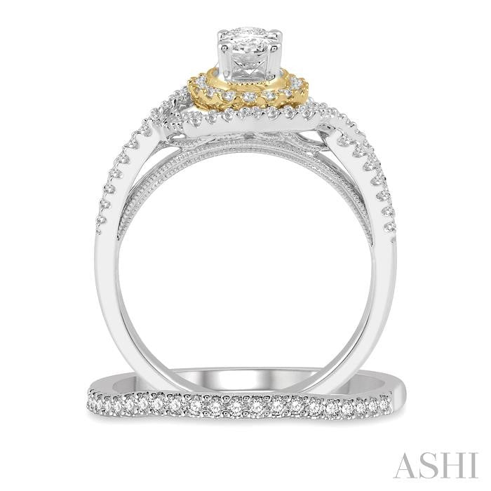 1 1/4 Ctw Round Cut Diamond Wedding Set With 1 1/10 Ctw Split Oval Cut Engagement Ring and 1/8 Ctw Wedding Band in 14K White and Yellow Gold