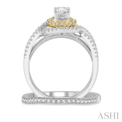 1 1/4 Ctw Round Cut Diamond Wedding Set With 1 1/10 Ctw Split Oval Cut Engagement Ring and 1/8 Ctw Wedding Band in 14K White and Yellow Gold