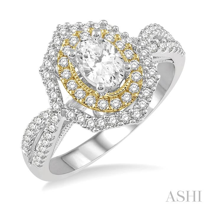 1/2 Ctw Oval Center Twisted Shank Semi-Mount Diamond Engagement Ring in 14K White and Yellow Gold