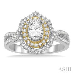 1/2 Ctw Oval Center Twisted Shank Semi-Mount Diamond Engagement Ring in 14K White and Yellow Gold