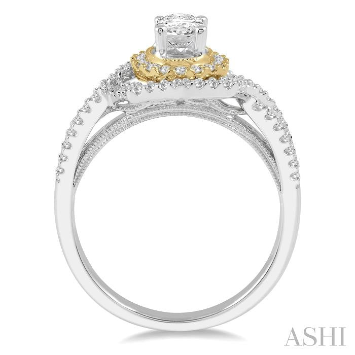 1/2 Ctw Oval Center Twisted Shank Semi-Mount Diamond Engagement Ring in 14K White and Yellow Gold