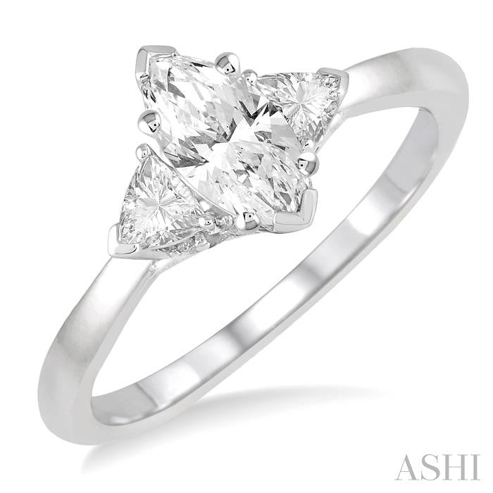 3/4 Ctw Marquise and Triangular Cut Diamond Ladies Engagement Ring with 1/2 Ct Marquise cut Center Stone in 14K White Gold