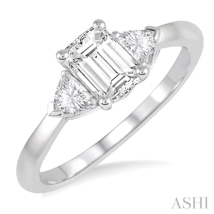 3/4 Ctw Emerald and Triangle Cut Diamond Ladies Engagement Ring with 1/2 Ct Emerald Cut Center Stone in 14K White Gold