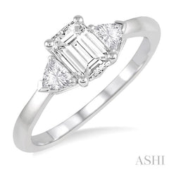 3/4 Ctw Emerald and Triangle Cut Diamond Ladies Engagement Ring with 1/2 Ct Emerald Cut Center Stone in 14K White Gold