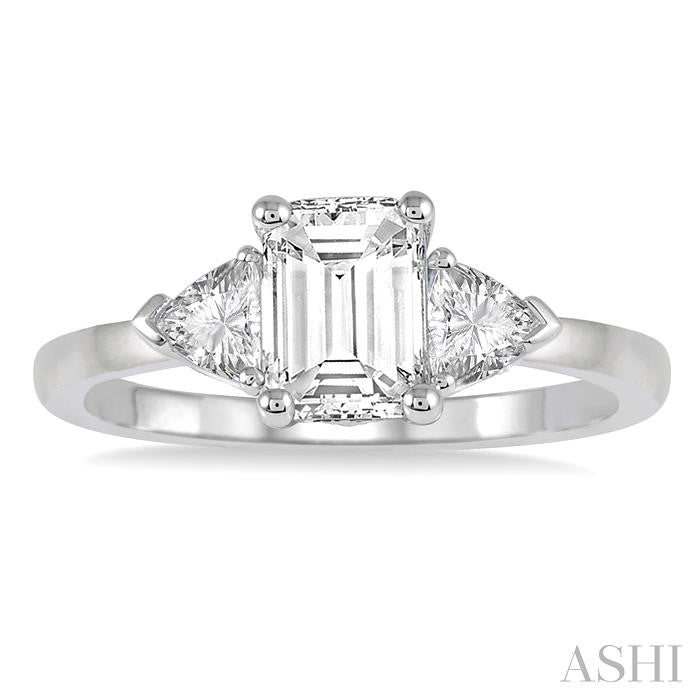 3/4 Ctw Emerald and Triangle Cut Diamond Ladies Engagement Ring with 1/2 Ct Emerald Cut Center Stone in 14K White Gold