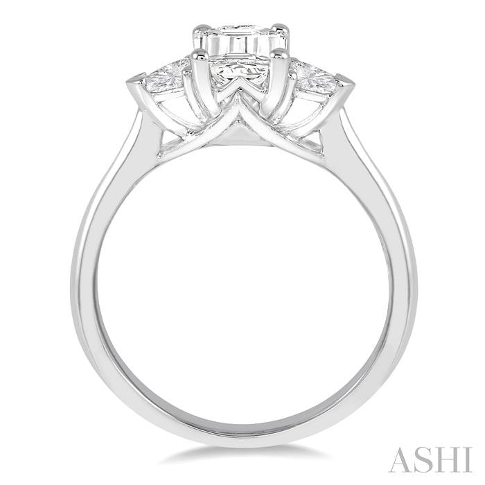 3/4 Ctw Emerald and Triangle Cut Diamond Ladies Engagement Ring with 1/2 Ct Emerald Cut Center Stone in 14K White Gold