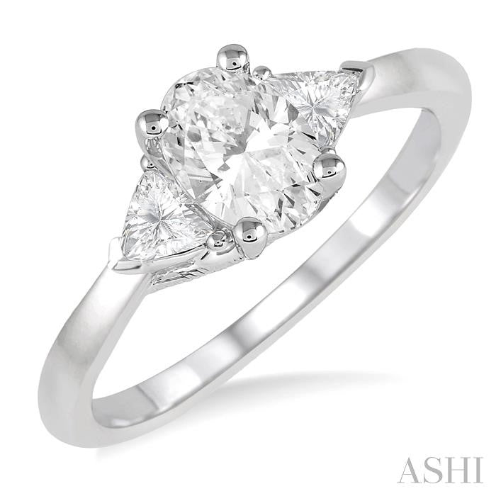 3/4 Ctw Oval and Triangle Cut Diamond Ladies Engagement Ring with 1/2 Ct Oval Cut Center Stone in 14K White Gold