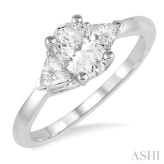 3/4 Ctw Oval and Triangle Cut Diamond Ladies Engagement Ring with 1/2 Ct Oval Cut Center Stone in 14K White Gold