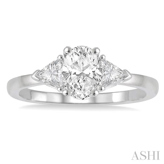 3/4 Ctw Oval and Triangle Cut Diamond Ladies Engagement Ring with 1/2 Ct Oval Cut Center Stone in 14K White Gold