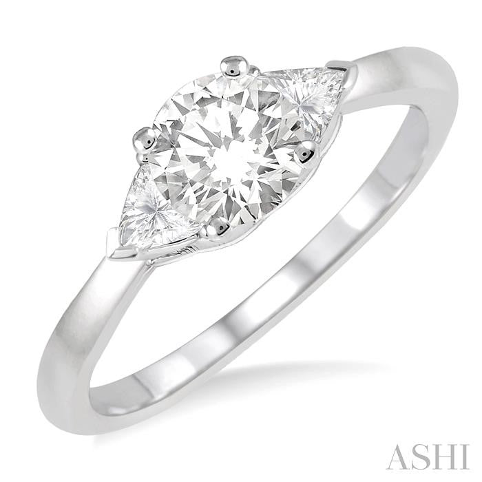 3/4 Ctw Round and Triangle Cut Diamond Ladies Engagement Ring with 1/2 Ct Round Cut Center Stone in 14K White Gold