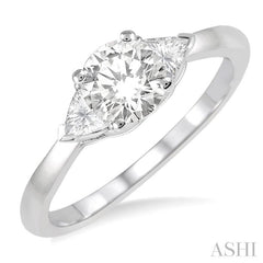 3/4 Ctw Round and Triangle Cut Diamond Ladies Engagement Ring with 1/2 Ct Round Cut Center Stone in 14K White Gold
