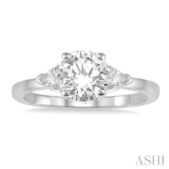 3/4 Ctw Round and Triangle Cut Diamond Ladies Engagement Ring with 1/2 Ct Round Cut Center Stone in 14K White Gold