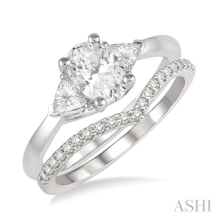 3/4 Ctw Diamond Wedding Set With 3/4 Ctw Oval & Triangle Cut Engagement Ring and 1/10 Ctw Chevron Center Diamond Wedding Band in 14K White Gold