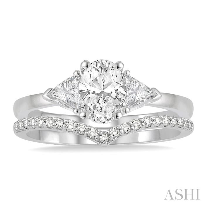 3/4 Ctw Diamond Wedding Set With 3/4 Ctw Oval & Triangle Cut Engagement Ring and 1/10 Ctw Chevron Center Diamond Wedding Band in 14K White Gold