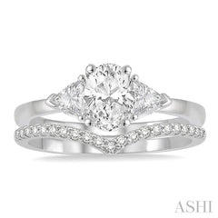 3/4 Ctw Diamond Wedding Set With 3/4 Ctw Oval & Triangle Cut Engagement Ring and 1/10 Ctw Chevron Center Diamond Wedding Band in 14K White Gold