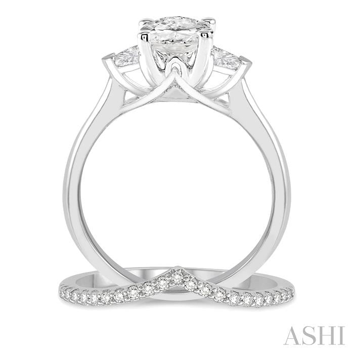 3/4 Ctw Diamond Wedding Set With 3/4 Ctw Oval & Triangle Cut Engagement Ring and 1/10 Ctw Chevron Center Diamond Wedding Band in 14K White Gold