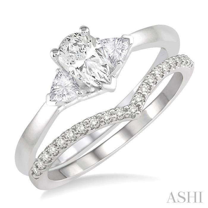 3/4 Ctw Diamond Wedding Set With 3/4 Ctw Pear & Triangle Cut Engagement Ring and 1/10 Ctw Chevron Center Diamond Wedding Band in 14K White Gold