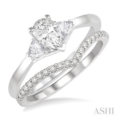 3/4 Ctw Diamond Wedding Set With 3/4 Ctw Pear & Triangle Cut Engagement Ring and 1/10 Ctw Chevron Center Diamond Wedding Band in 14K White Gold