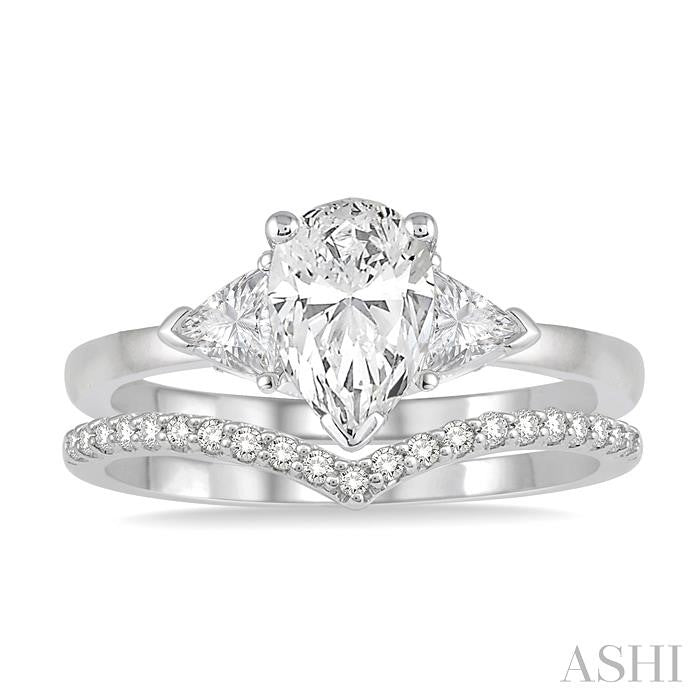 3/4 Ctw Diamond Wedding Set With 3/4 Ctw Pear & Triangle Cut Engagement Ring and 1/10 Ctw Chevron Center Diamond Wedding Band in 14K White Gold