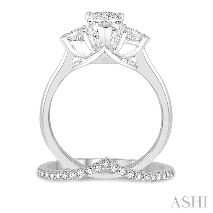 3/4 Ctw Diamond Wedding Set With 3/4 Ctw Pear & Triangle Cut Engagement Ring and 1/10 Ctw Chevron Center Diamond Wedding Band in 14K White Gold