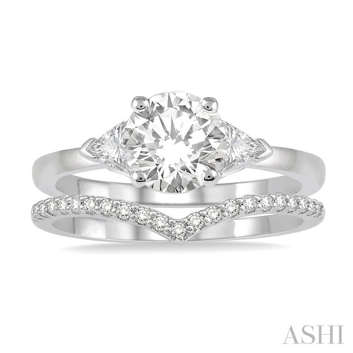 3/4 Ctw Diamond Wedding Set With 3/4 Ctw Round & Triangle Cut Engagement Ring and 1/10 Ctw Chevron Diamond Wedding Band in 14K White Gold