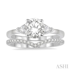 3/4 Ctw Diamond Wedding Set With 3/4 Ctw Round & Triangle Cut Engagement Ring and 1/10 Ctw Chevron Diamond Wedding Band in 14K White Gold