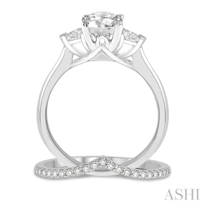 3/4 Ctw Diamond Wedding Set With 3/4 Ctw Round & Triangle Cut Engagement Ring and 1/10 Ctw Chevron Diamond Wedding Band in 14K White Gold
