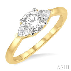 3/4 Ctw Round and Triangle Cut Diamond Ladies Engagement Ring with 1/2 Ct Round Cut Center Stone in 14K Yellow and White Gold
