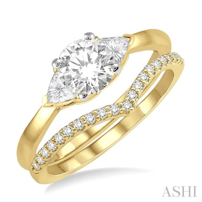 3/4 Ctw Diamond Wedding Set With 3/4 Ctw Round & Triangle Cut Engagement Ring and 1/10 Ctw Chevron Diamond Wedding Band in 14K Yellow and White Gold