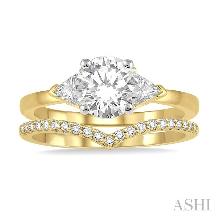 3/4 Ctw Diamond Wedding Set With 3/4 Ctw Round & Triangle Cut Engagement Ring and 1/10 Ctw Chevron Diamond Wedding Band in 14K Yellow and White Gold