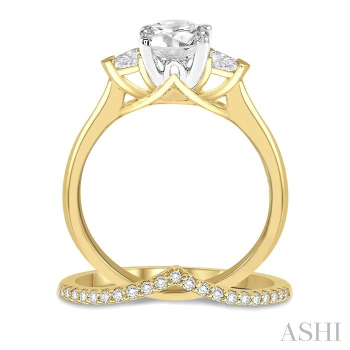3/4 Ctw Diamond Wedding Set With 3/4 Ctw Round & Triangle Cut Engagement Ring and 1/10 Ctw Chevron Diamond Wedding Band in 14K Yellow and White Gold