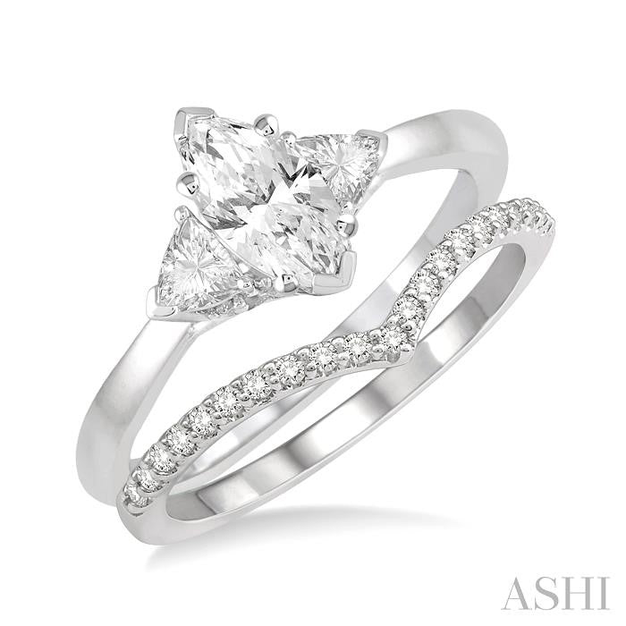 1/2 Ctw Diamond Wedding Set With 3/8 Ctw Marquise & Triangular Cut Engagement Ring and 1/10 Ctw Wedding Band in 14K White Gold